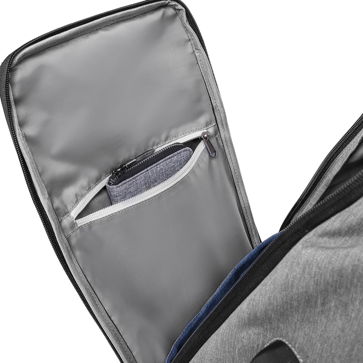 Gray suitcase with open compartment showing interior details on a white background best travel laptop backpack multi-functional