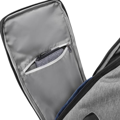 Gray suitcase with open compartment showing interior details on a white background best travel laptop backpack multi-functional