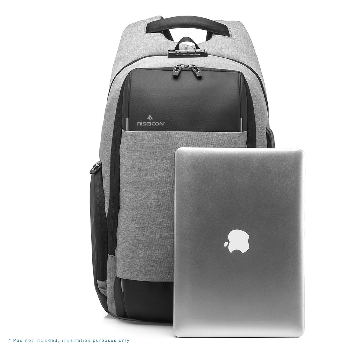 Gray backpack with a laptop next to it on a white background best travel laptop backpack multi-functional