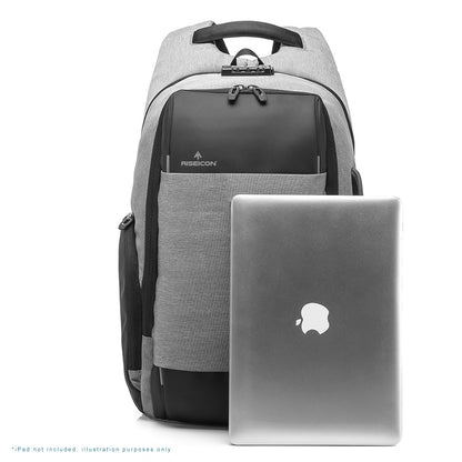 Gray backpack with a laptop next to it on a white background best travel laptop backpack multi-functional