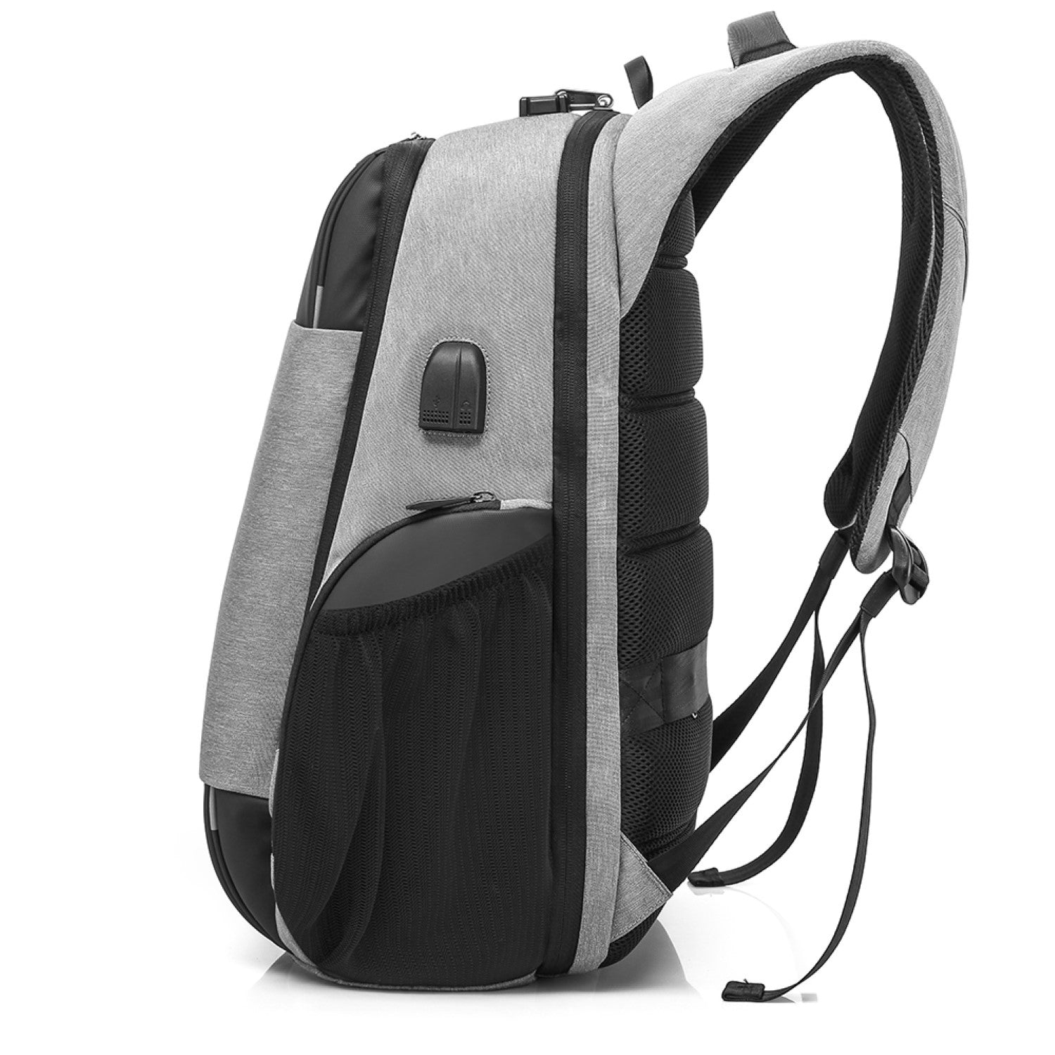 Gray and black backpack with USB port on a white background best travel laptop backpack multi-functional