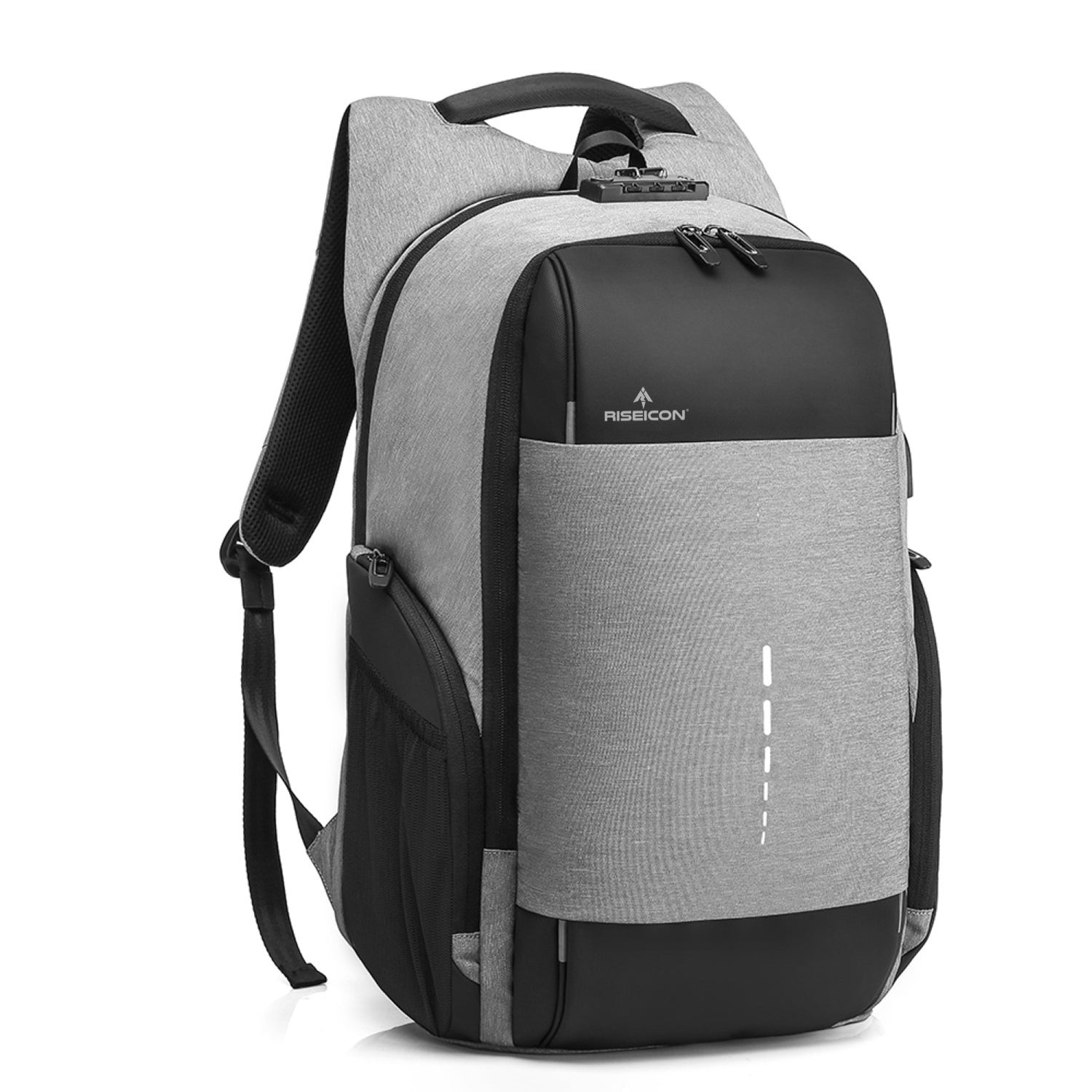 Gray and black backpack with a visible brand logo on a white background best travel laptop backpack multi-functional