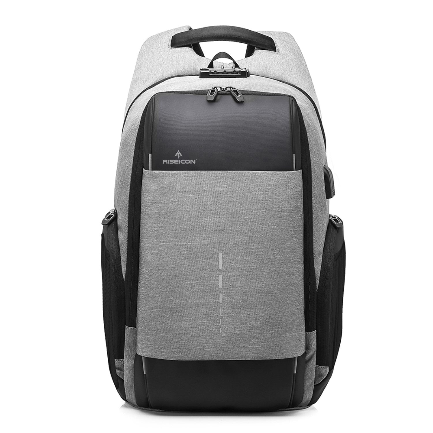 Gray and black backpack with ASECON branding on a white background