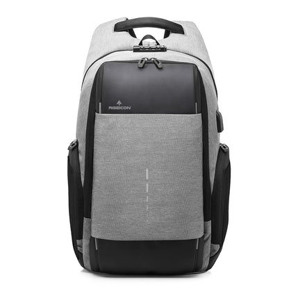 Gray and black backpack with ASECON branding on a white background