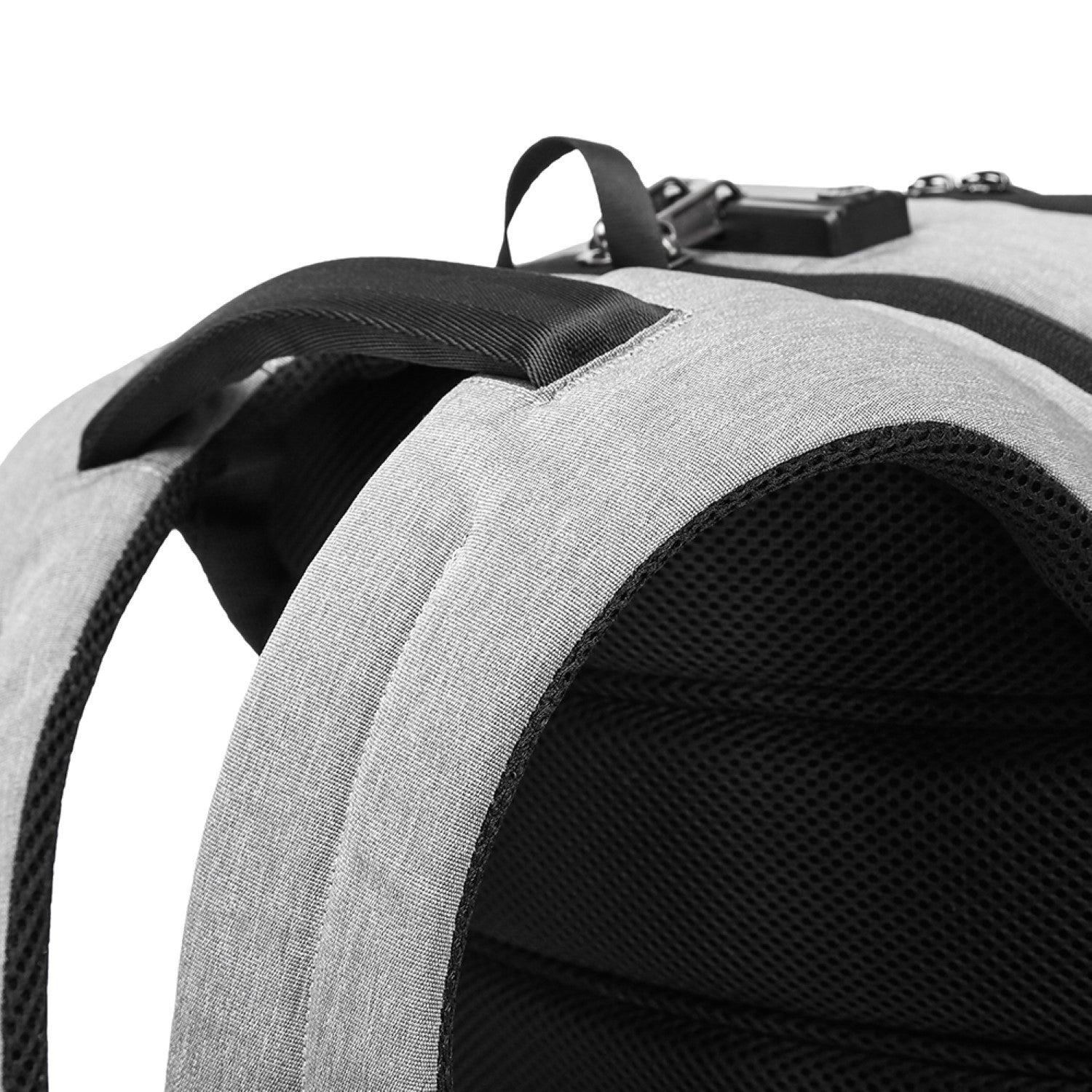 Close-up of a gray backpack with black straps on a white background