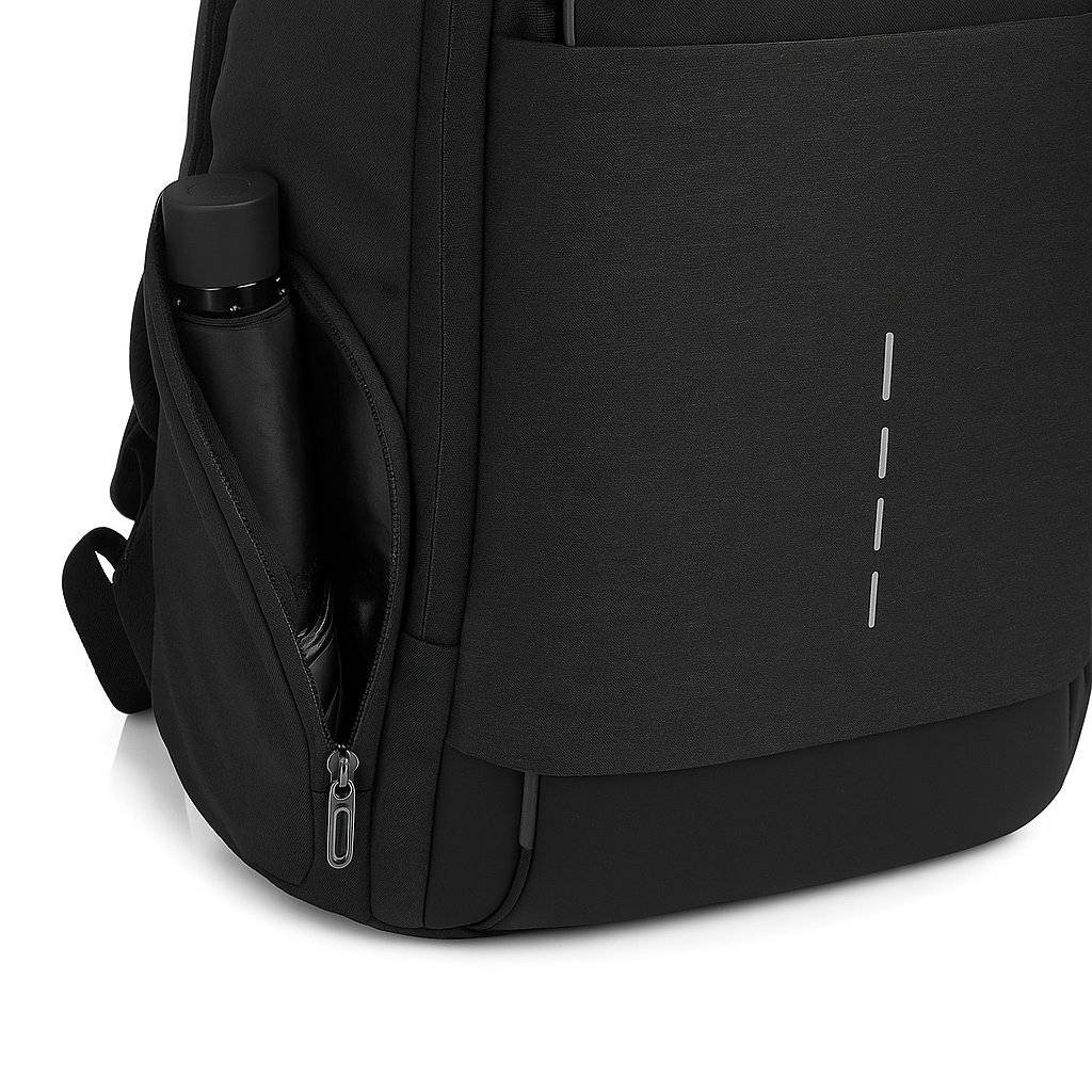 Black travel commuter backpack with a water bottle holder on a white background