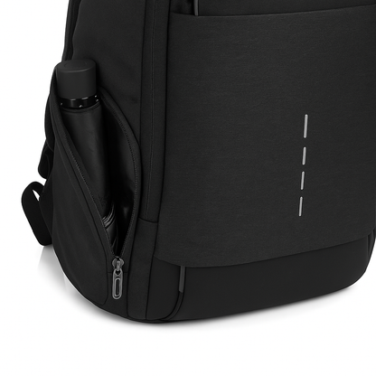 Black travel commuter backpack with a water bottle holder on a white background