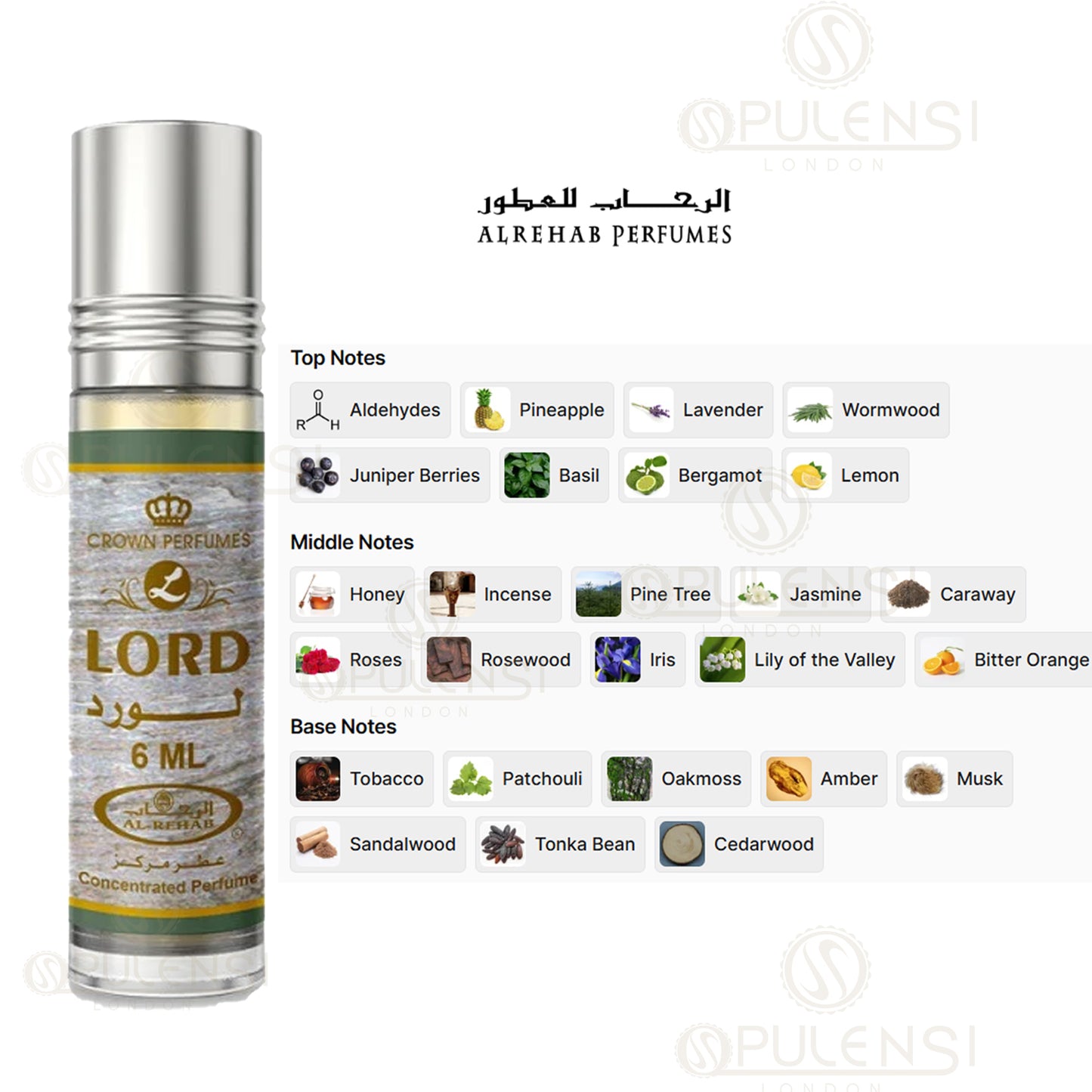 Al-Rehab Lord 6ml concentrated Roll on Oil Perfume bottle notes diagram
