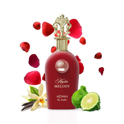 Red perfume bottle labeled 'Mystic Melody' by Adyan with floral and fruit elements on a white background