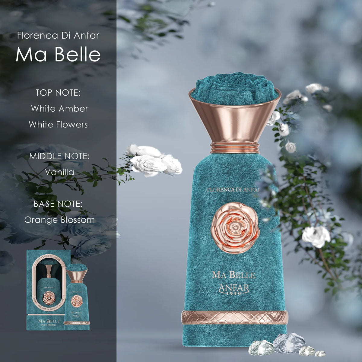 Ma Belle perfume bottle by Anpar, featuring a textured teal body with a rose gold metallic rose emblem and a matching rose gold funnel-shaped cap. The bottle is displayed alongside its matching teal packaging box on the left, with scent notes listed on the left panel against a soft, blurred background with white flowers.