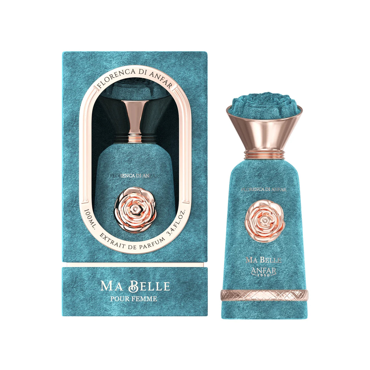 Turquoise perfume bottle with rose design and matching packaging on a white background