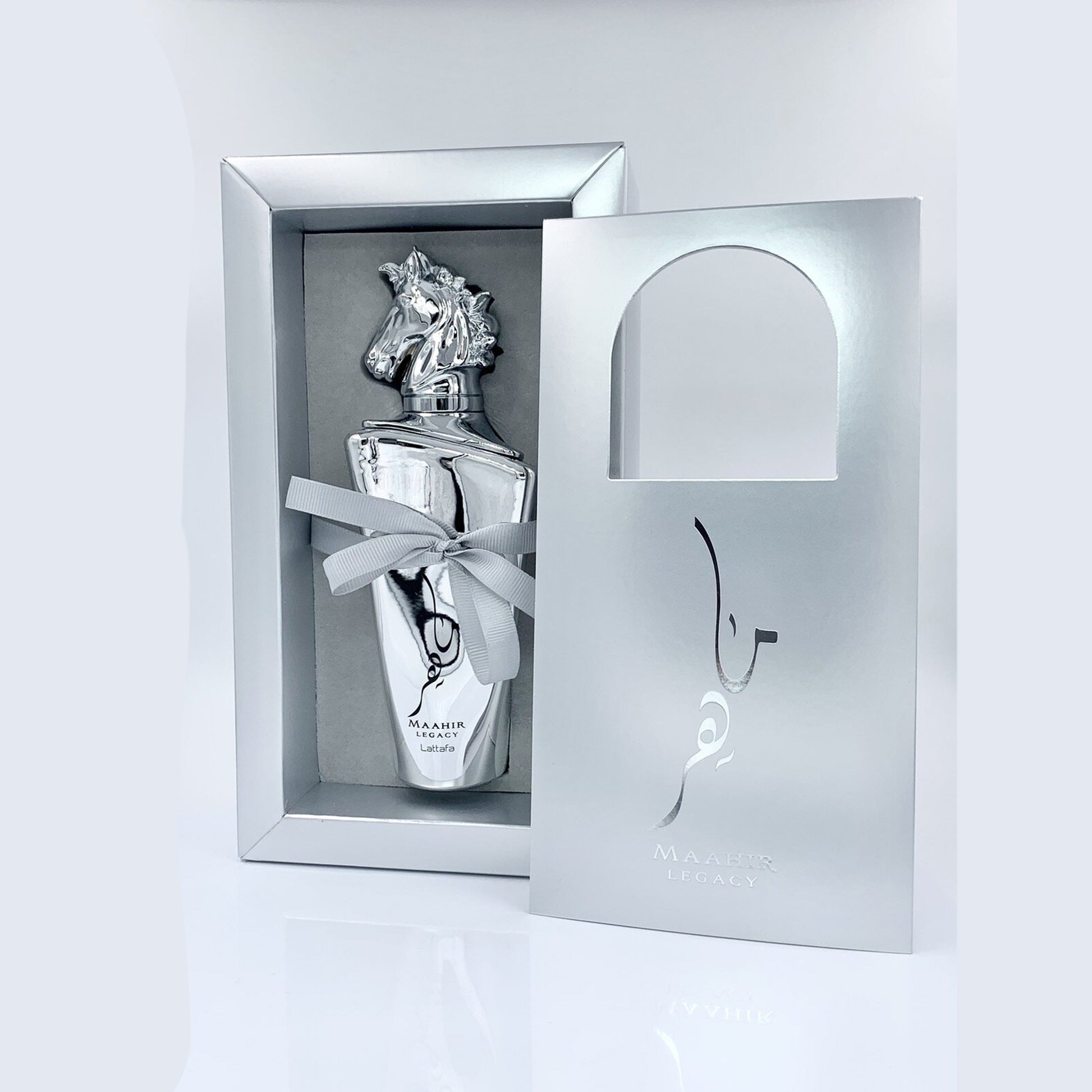 Maahir LEGACY Silver 100ml Eau de Parfum Lattafa gift box open display