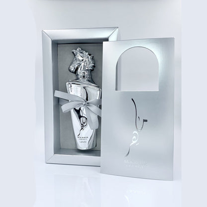 Maahir LEGACY Silver 100ml Eau de Parfum Lattafa gift box open display
