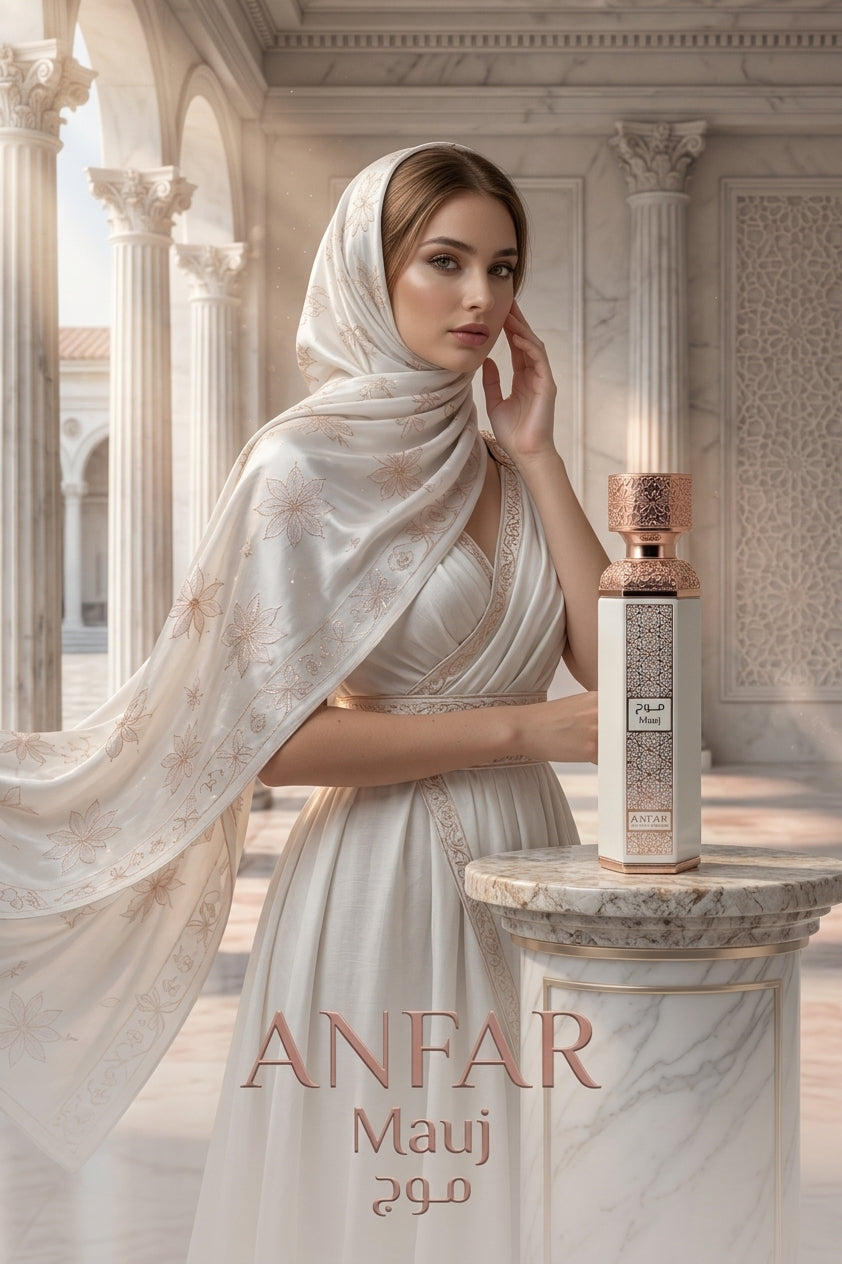A woman in an elegant cream-colored dress and matching headscarf stands beside a marble columned hall, with a perfume bottle anfar mauj 200m; placed on a stone pedestal. The bottle has a metallic rose-gold cap and a cream body with ornate dark detailing.