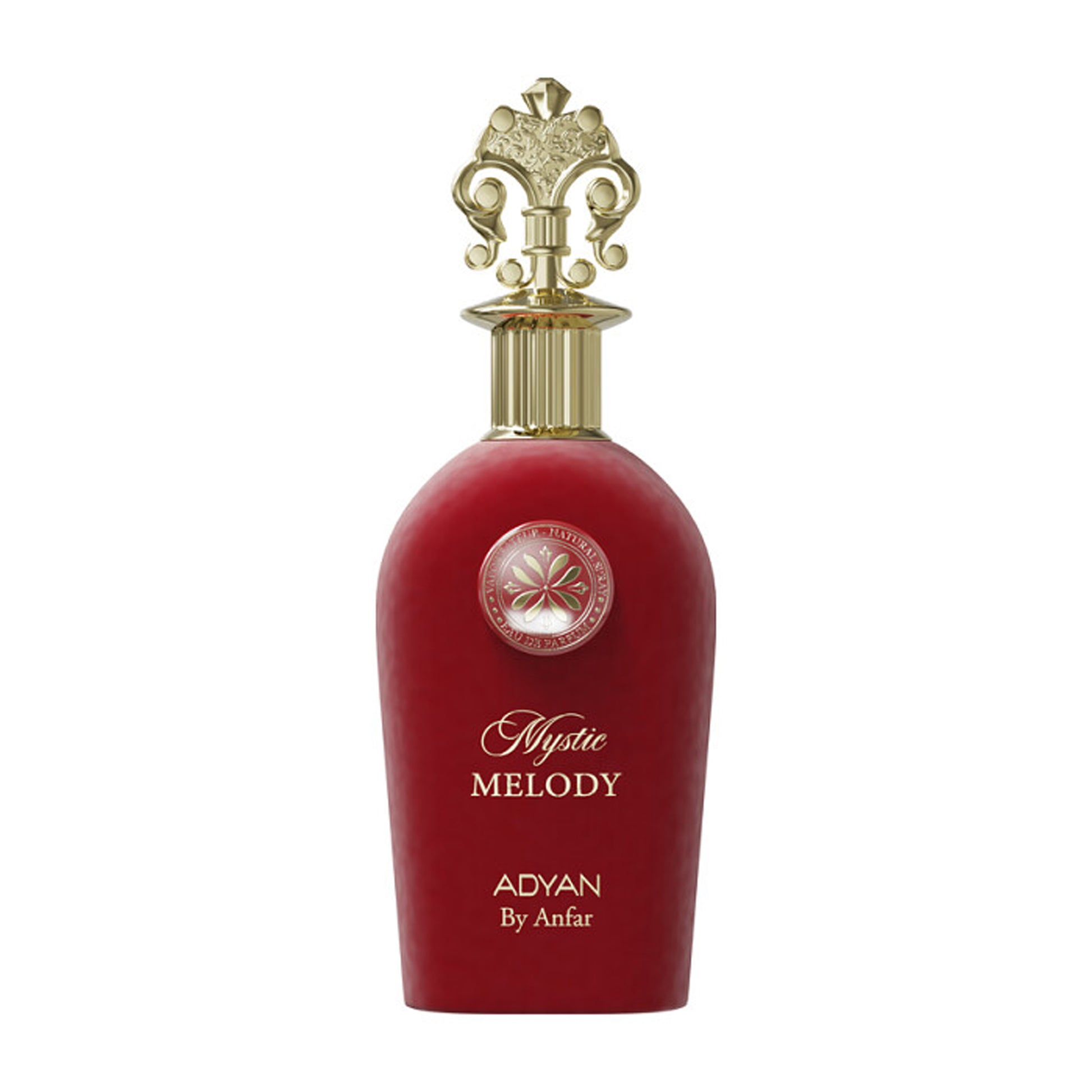 Red perfume bottle with gold cap labeled 'Mystic Melody' by Adyan on a white background