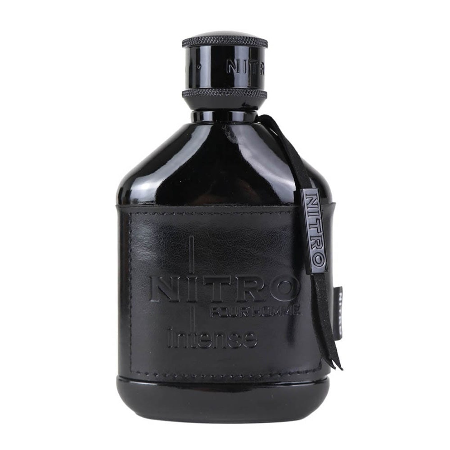 Black Nitro Intense perfume bottle with a leather strap on a white background
