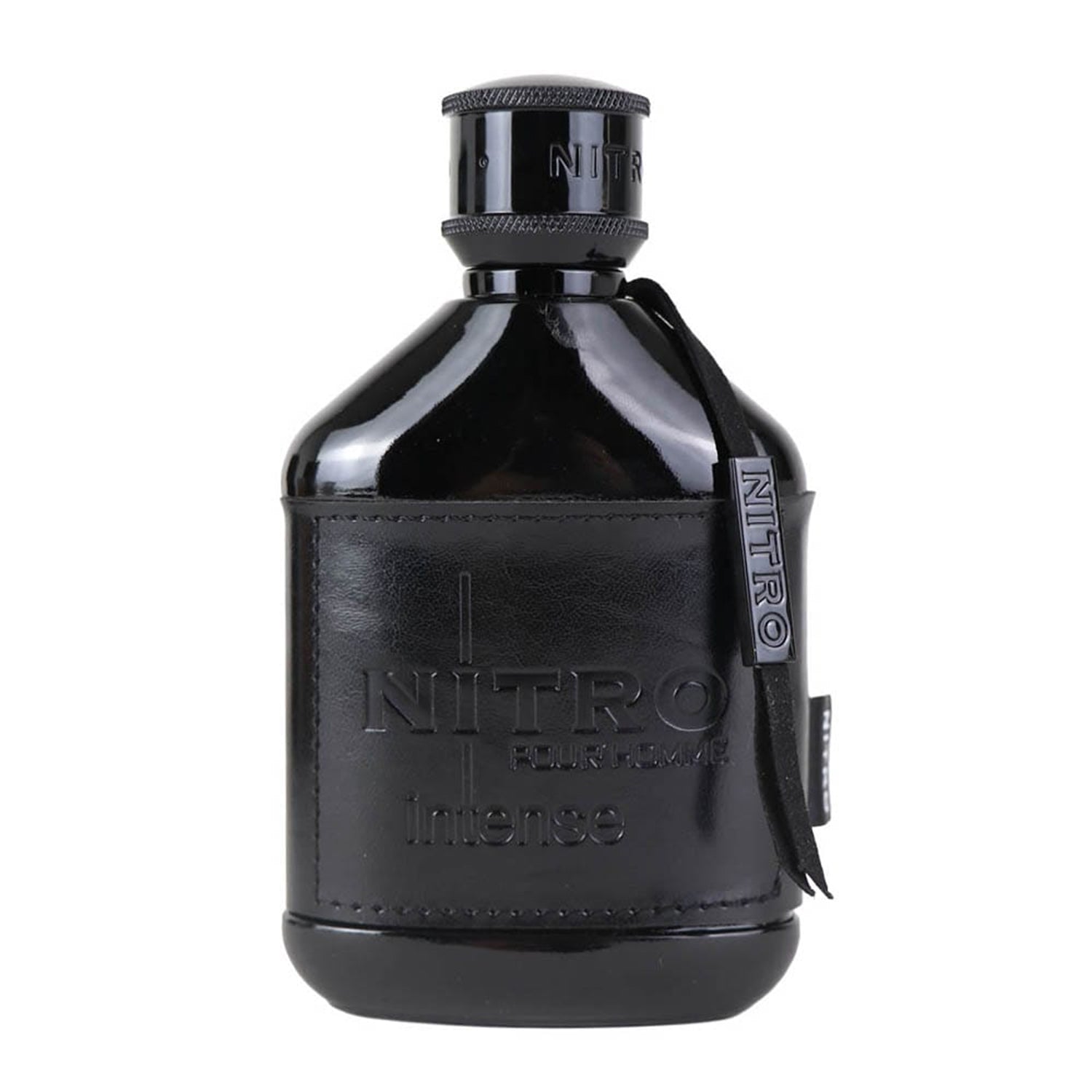 Black Nitro Intense perfume bottle with a leather strap on a white background