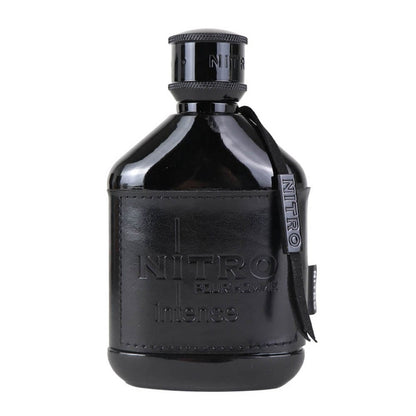 Black Nitro Intense perfume bottle with a leather strap on a white background