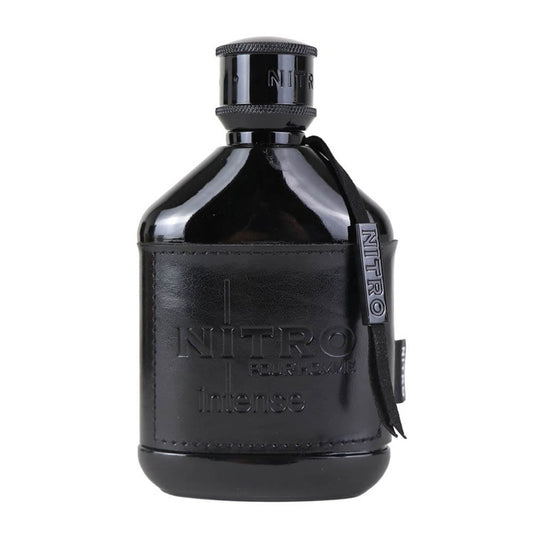Black Nitro Intense perfume bottle with a leather strap on a white background