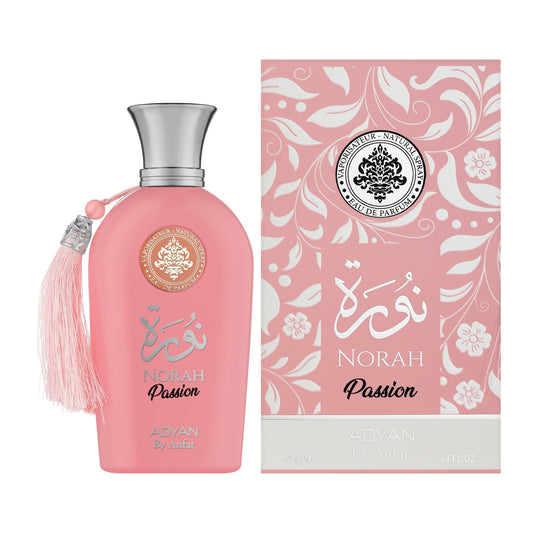 adyan Norah_Passion Pink perfume bottle with silver cap and tassel next to its packaging on a white background
