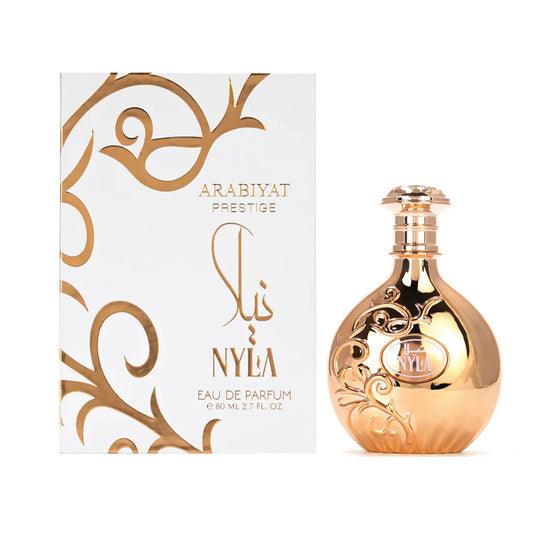 Nyla 80ml EDP by Arabiyat Prestige bottle and package on white background