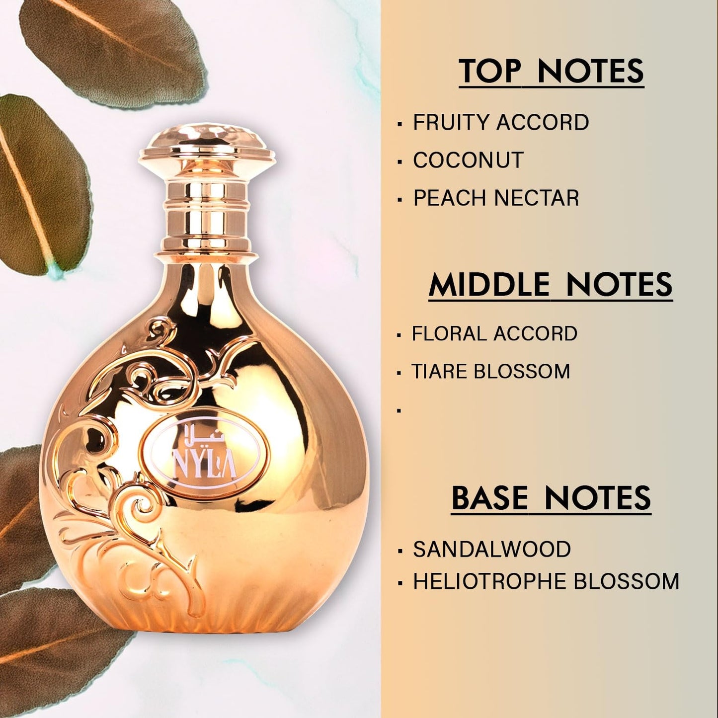 Nyla 80ml EDP by Arabiyat Prestige Gold perfume bottle with leaf elements and fragrance notes on a light background