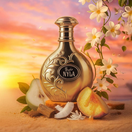 Nyla 80ml EDP by Arabiyat Prestige perfume bottle ingredients of pear peach coconut and florals on a sunset background
