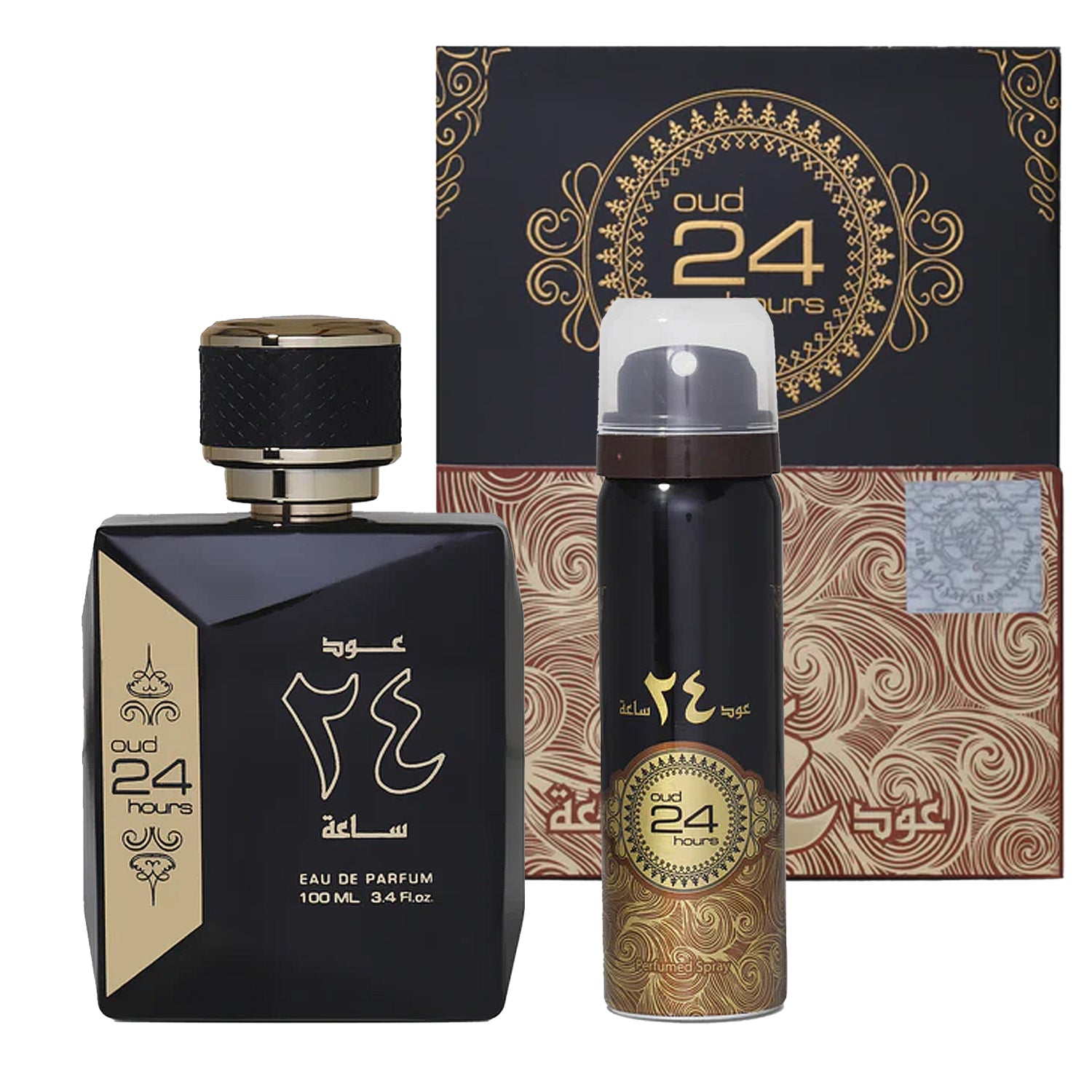 Oud 24 Hours Perfume 100ml EDP by Ard Al Zaafaran bottle Deo and box