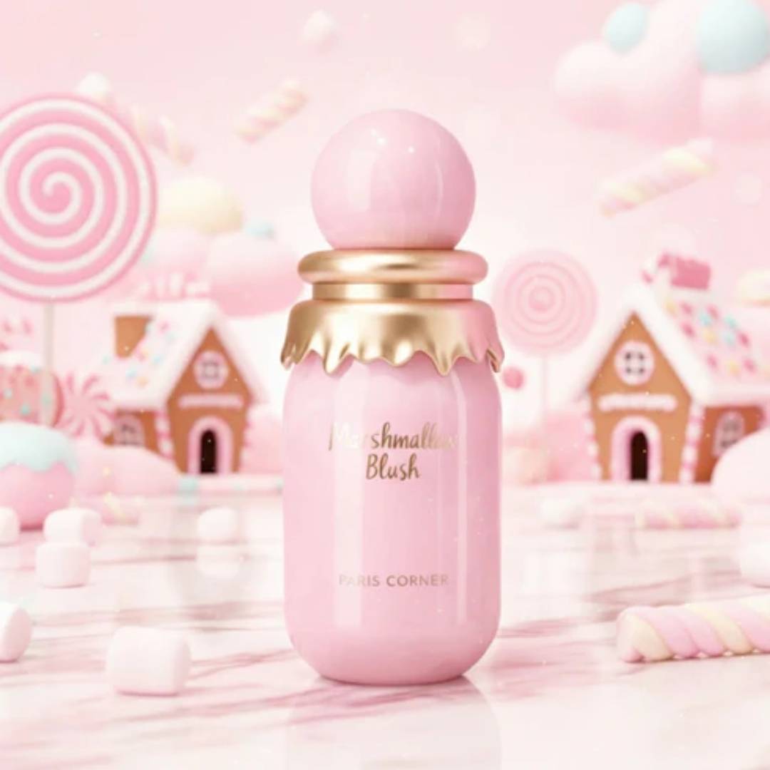 Paris Corner Marshmallow Blush Eau de Parfum 100ml bottle with candy themed background