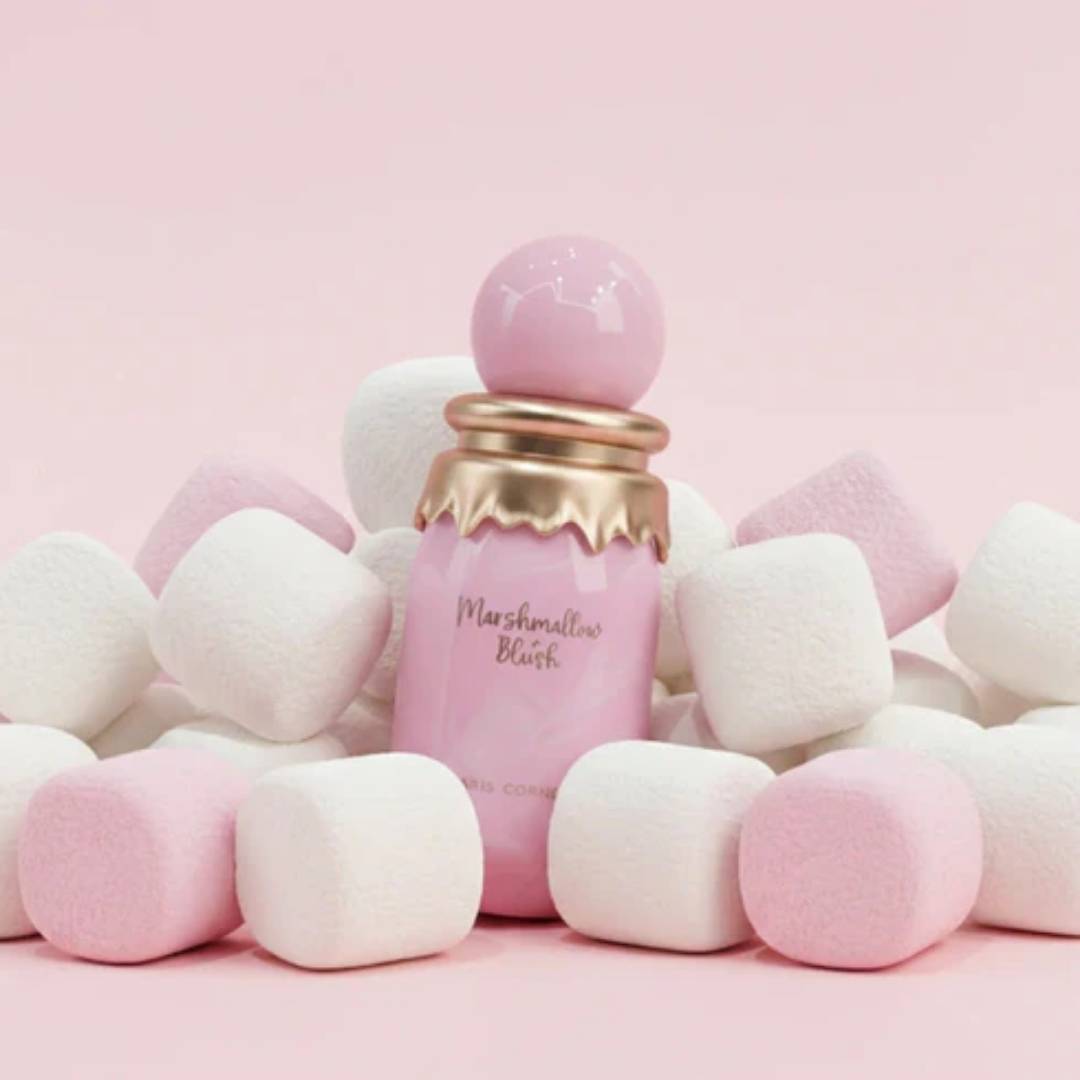 Paris Corner Marshmallow Blush Eau de Parfum 100ml bottle with marshmallows