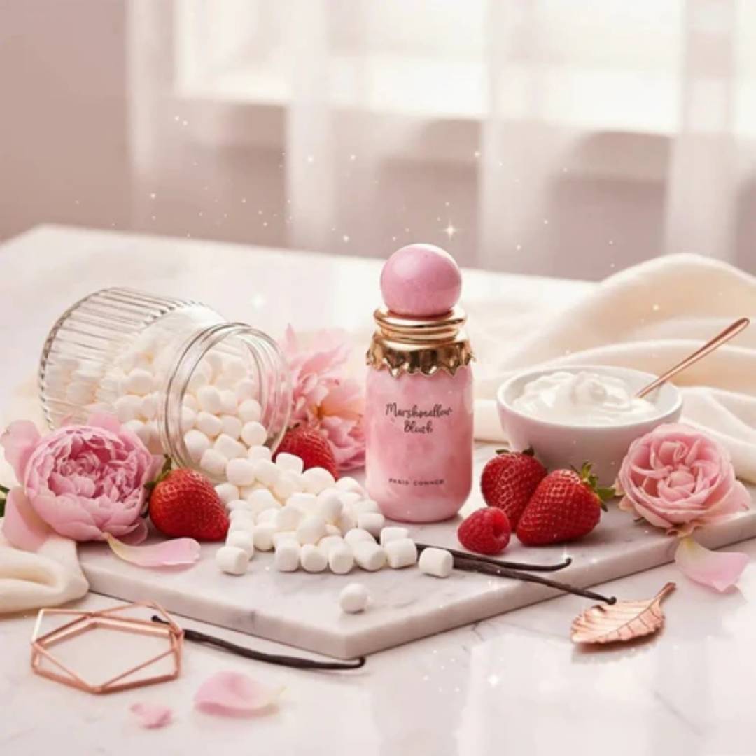 Paris Corner Marshmallow Blush Eau de Parfum 100ml bottle with strawberries marshmallows and roses