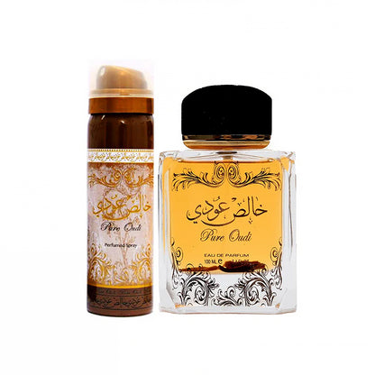 Pure Oudi (Khalis Oudi) 100 ml EDP mit Deodorant-Geschenkset von Lattafa