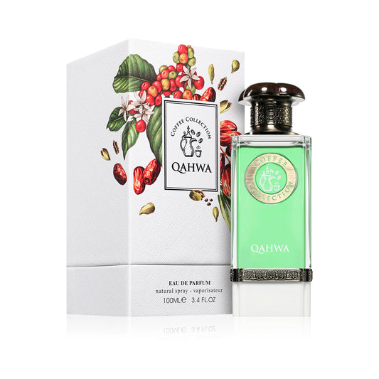 Qahwa 100ml EDP by Fragrance World Coffee Collection perfume bottle with packaging featuring coffee beans and leaves on a white background