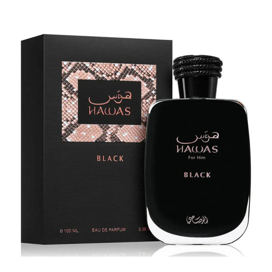 Rasasi Hawas Black Eau de Parfum 100ml bottle and box front view