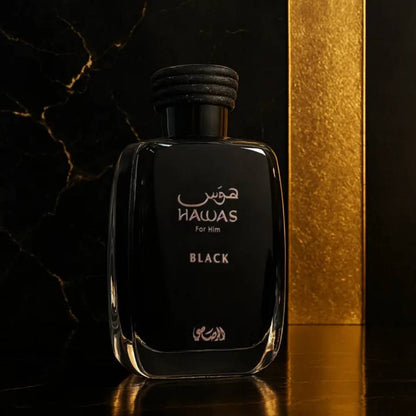Rasasi Hawas Black Eau de Parfum 100ml bottle on dark background with gold column