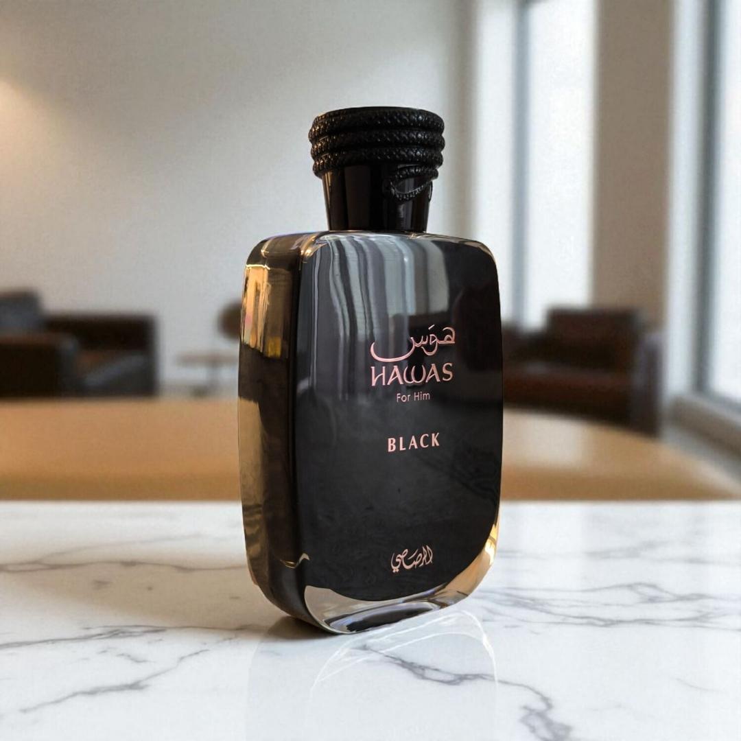 Rasasi Hawas Black Eau de Parfum 100ml bottle on marble surface