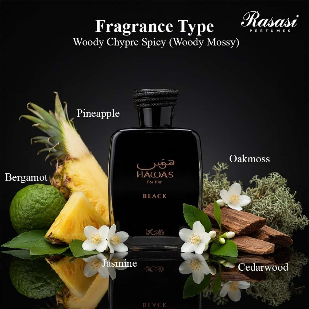 Rasasi Hawas Black Eau de Parfum 100ml bottle with fruits flowers and woods