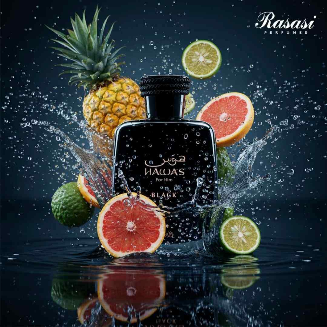 Rasasi Hawas Black Eau de Parfum 100ml bottle with pineapple and citrus fruits