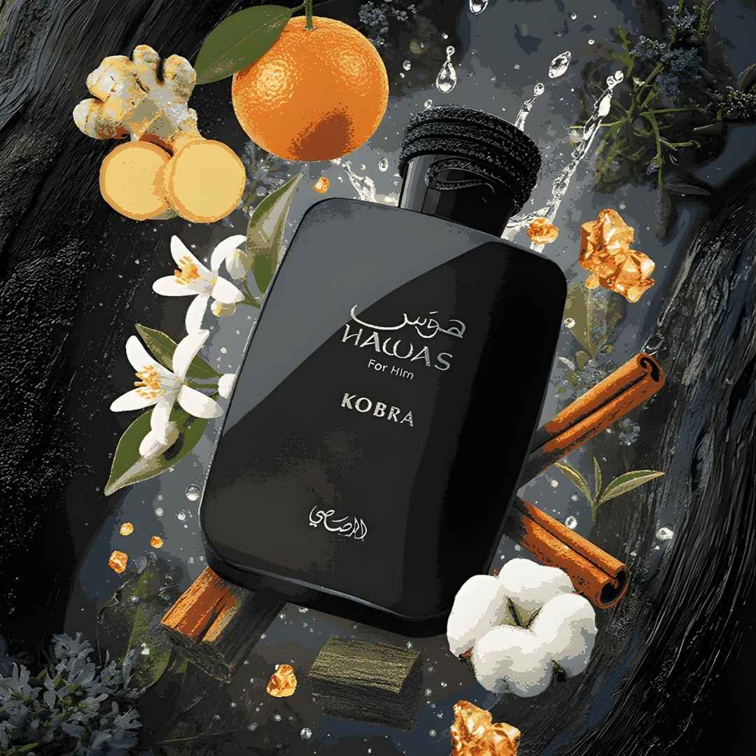Rasasi Hawas Kobra Eau de Parfum 100ml bottle with citrus and spice ingredients