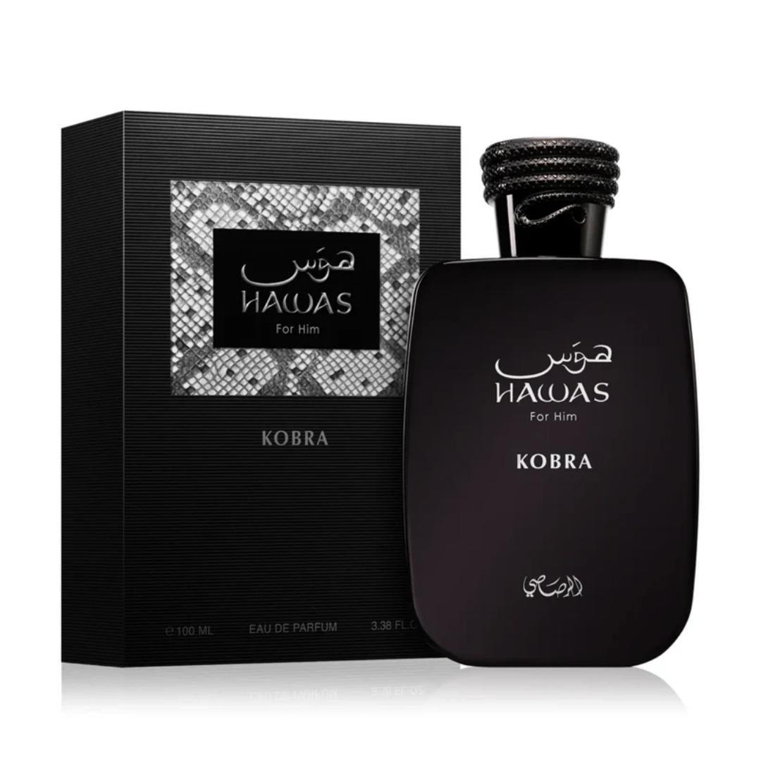 Rasasi Hawas Kobra Eau de Parfum 100ml perfume bottle and box front view