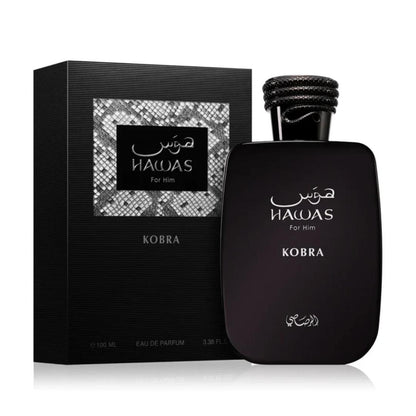 Rasasi Hawas Kobra Eau de Parfum 100ml perfume bottle and box front view