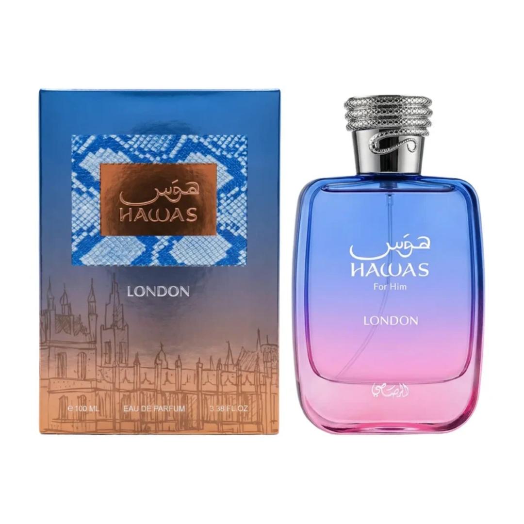 Rasasi Hawas London Eau de Parfum 100ml bottle and box