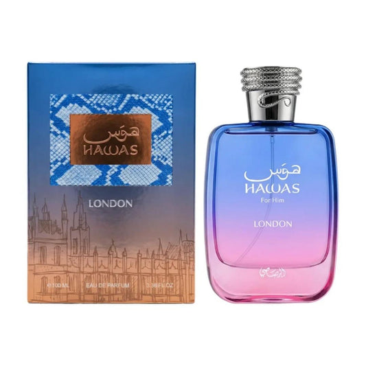 Rasasi Hawas London Eau de Parfum 100ml bottle and box