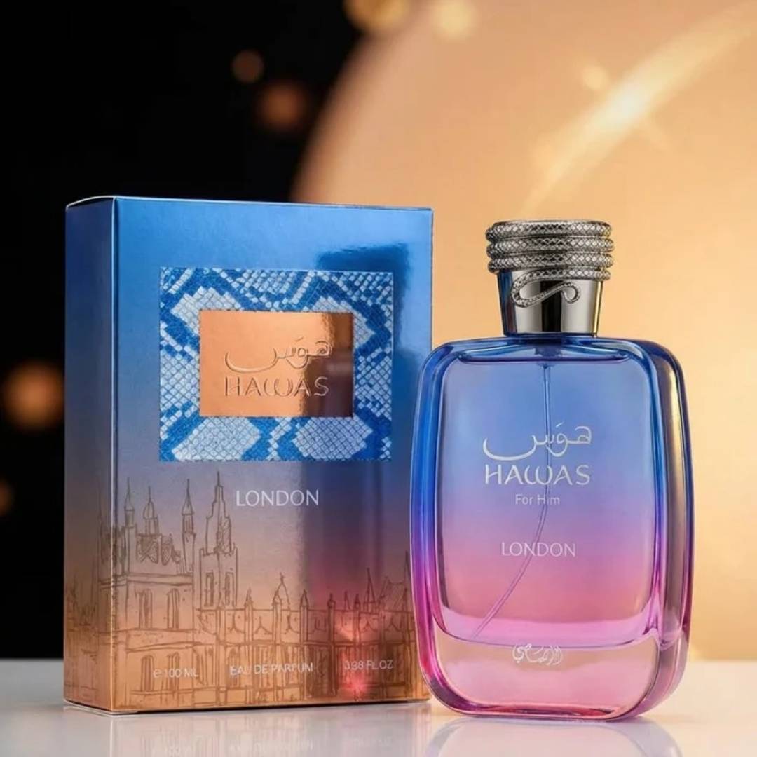 Rasasi Hawas London Eau de Parfum 100ml bottle and box display