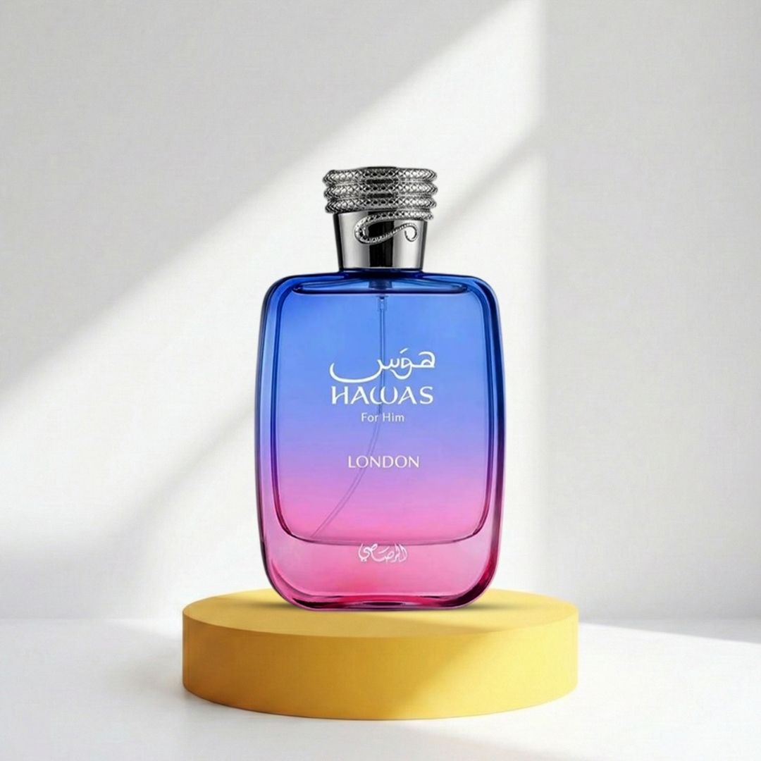 Rasasi Hawas London Eau de Parfum 100ml bottle on stand