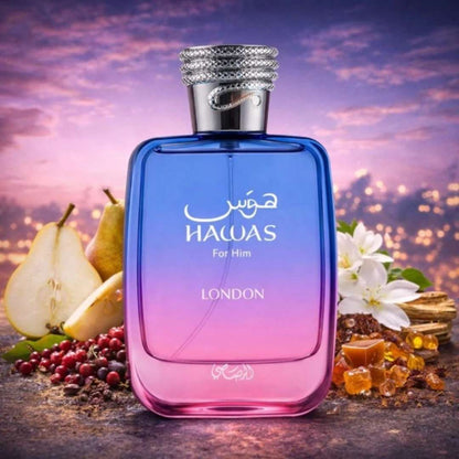 Rasasi Hawas London Eau de Parfum 100ml with pear flowers