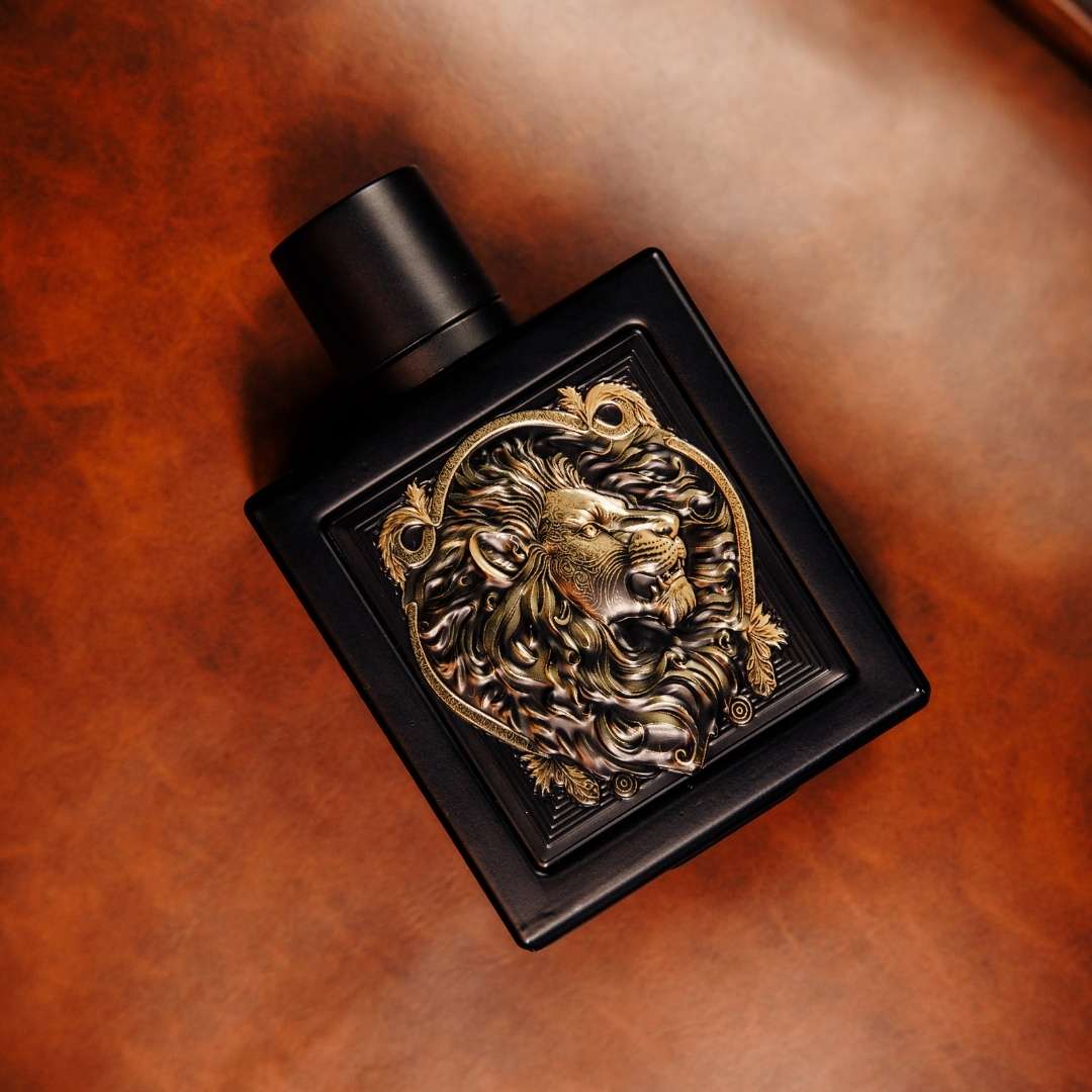 Rayhaan Lion for men Eau de Parfum 100ml Black bottle flat lay