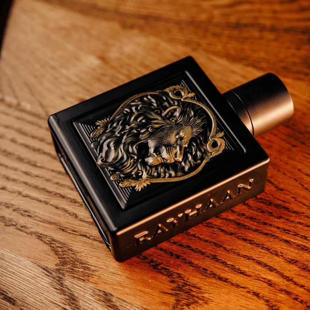 Rayhaan Lion for men Eau de Parfum 100ml Black bottle on wood