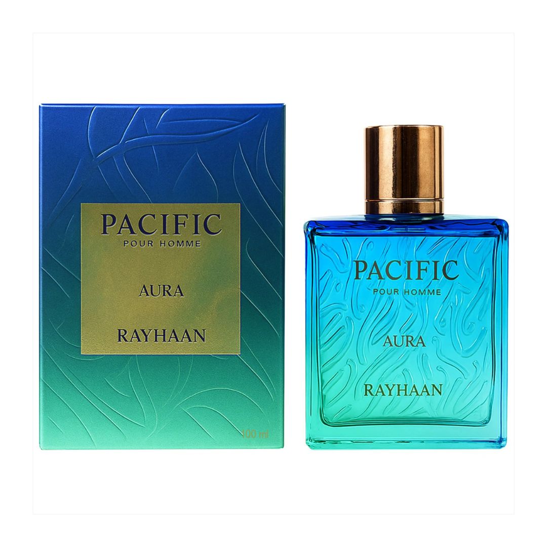 Rayhaan Pacific Aura Pour Homme Eau de Parfum 100ml perfume bottle and box front view