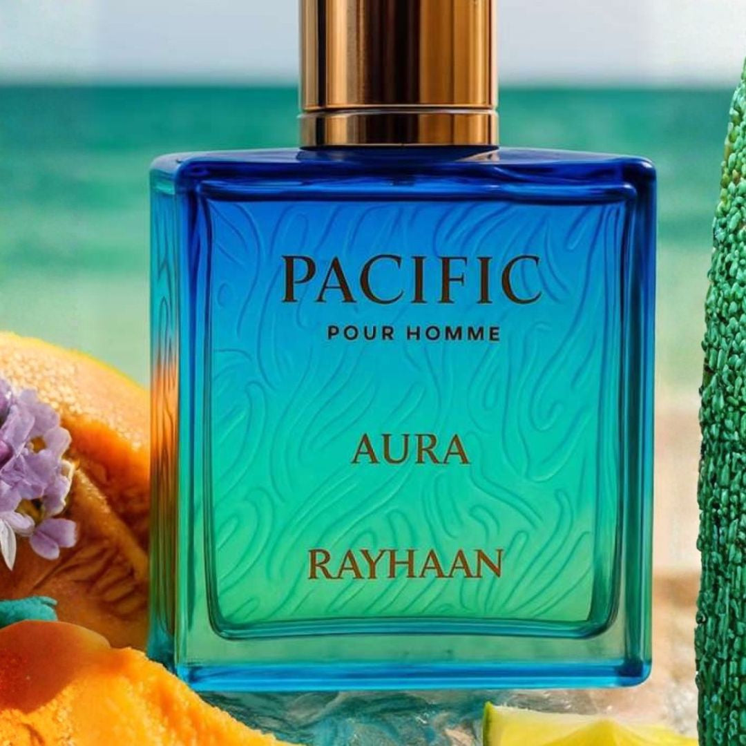 Rayhaan Pacific Aura Pour Homme Eau de Parfum 100ml perfume bottle with beach decor
